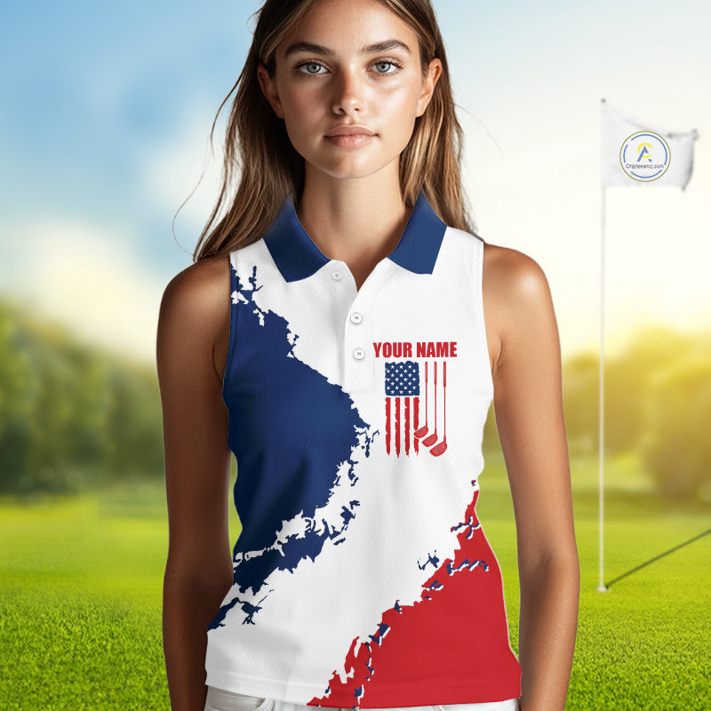Golf Sleeveless Polo Shirts US Flag Custom Red, White And Blue Golf Team Patriotic Golf Gift