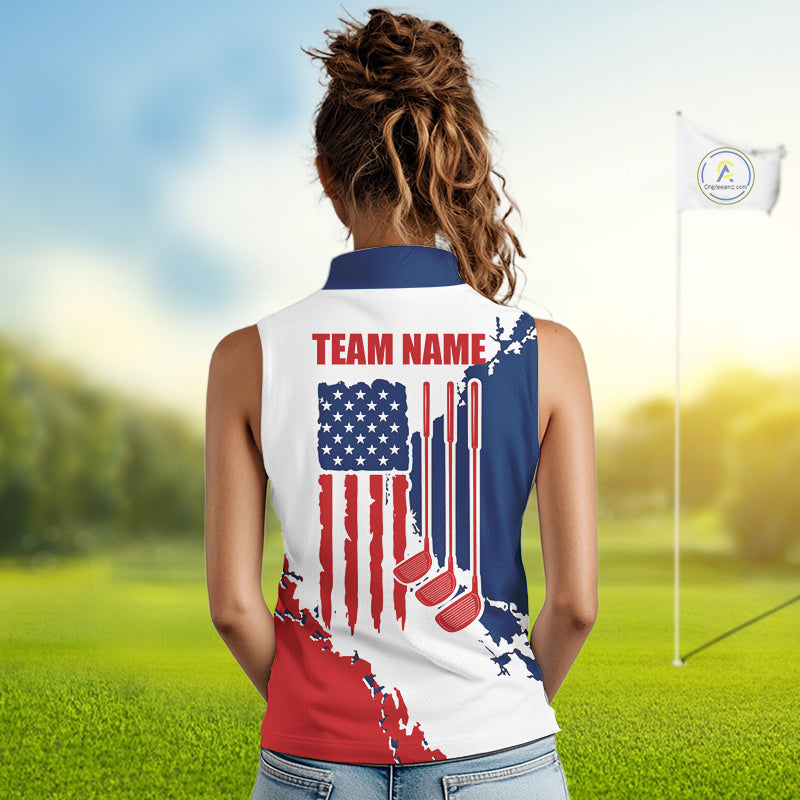 Golf Sleeveless Polo Shirts US Flag Custom Red, White And Blue Golf Team Patriotic Golf Gift