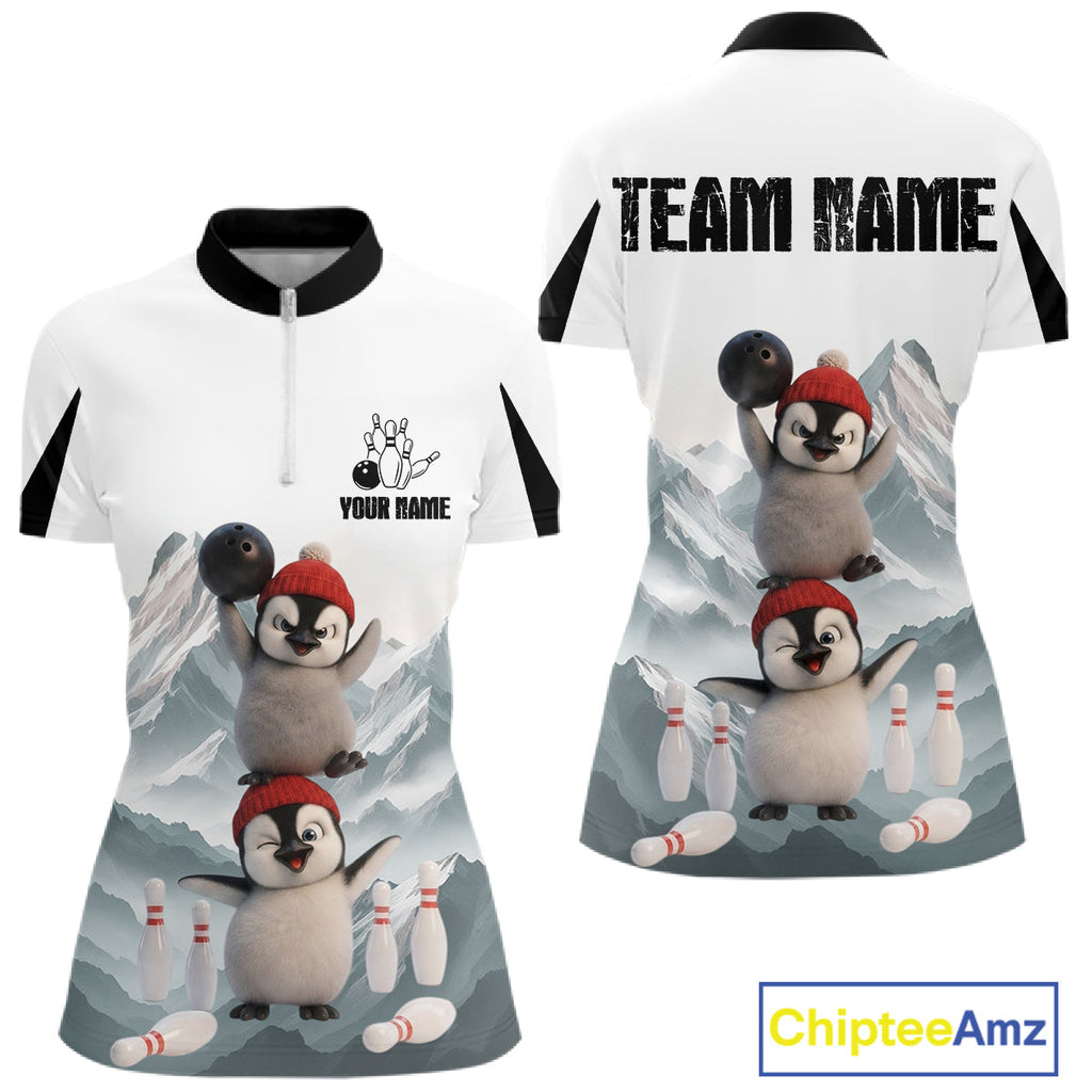 Funny Penguin Duo Bowling Shirt Custom Name Iceberg Bowling Polo & Quarter-Zip Jersey