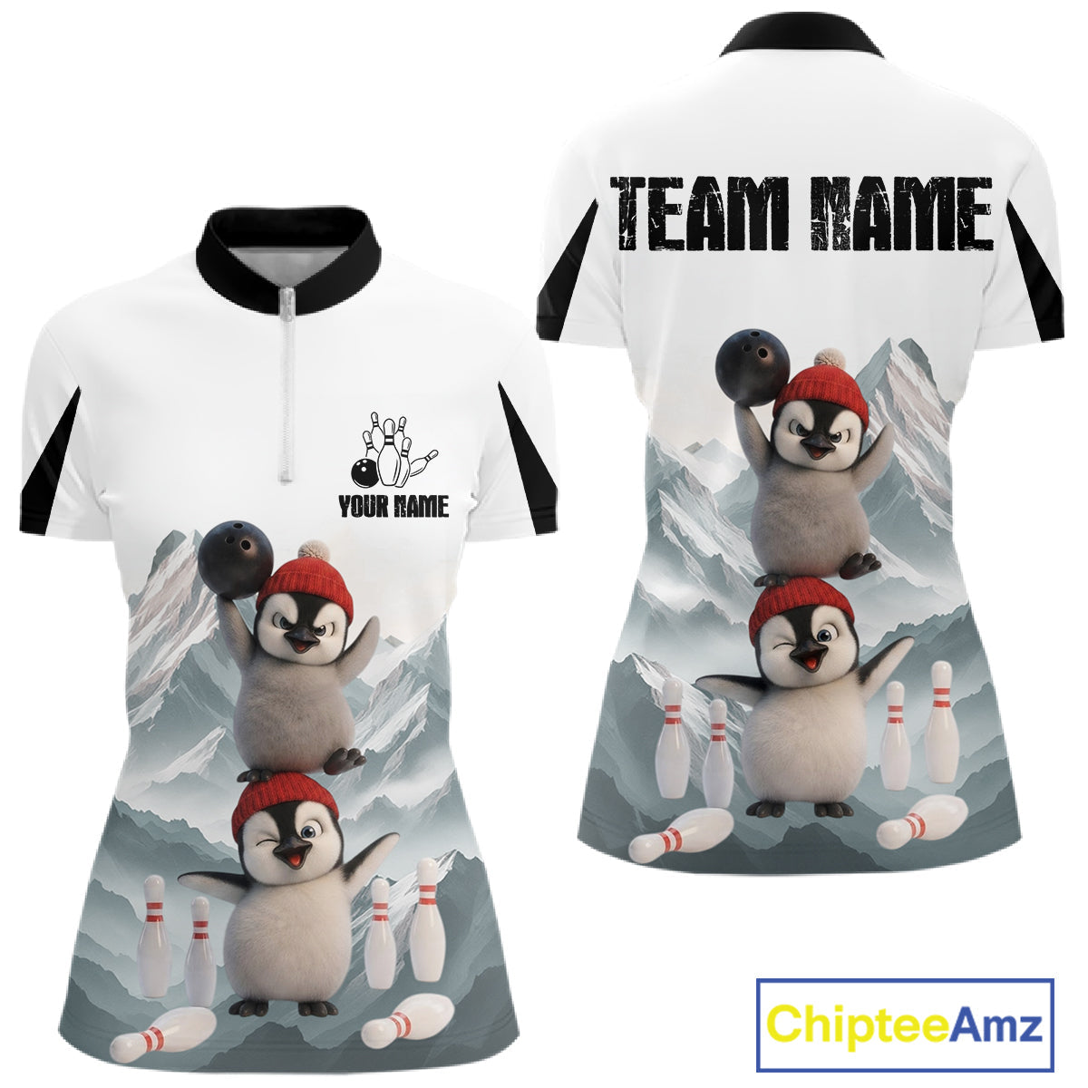 Funny Penguin Duo Bowling Shirt Custom Name Iceberg Bowling Polo & Quarter-Zip Jersey
