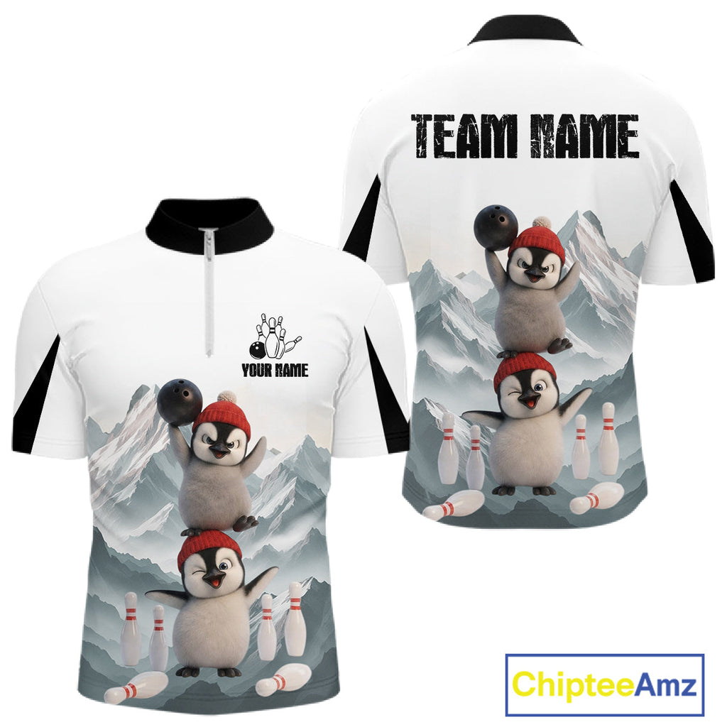Funny Penguin Duo 's Bowling Shirt Custom Name Iceberg Bowling Polo & Quarter-Zip Jersey