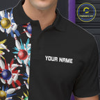 Colorful Bowling Polo 1/4-Zip Shirt Custom Red Bowling Ball And Pins Jersey Bowling Shirt
