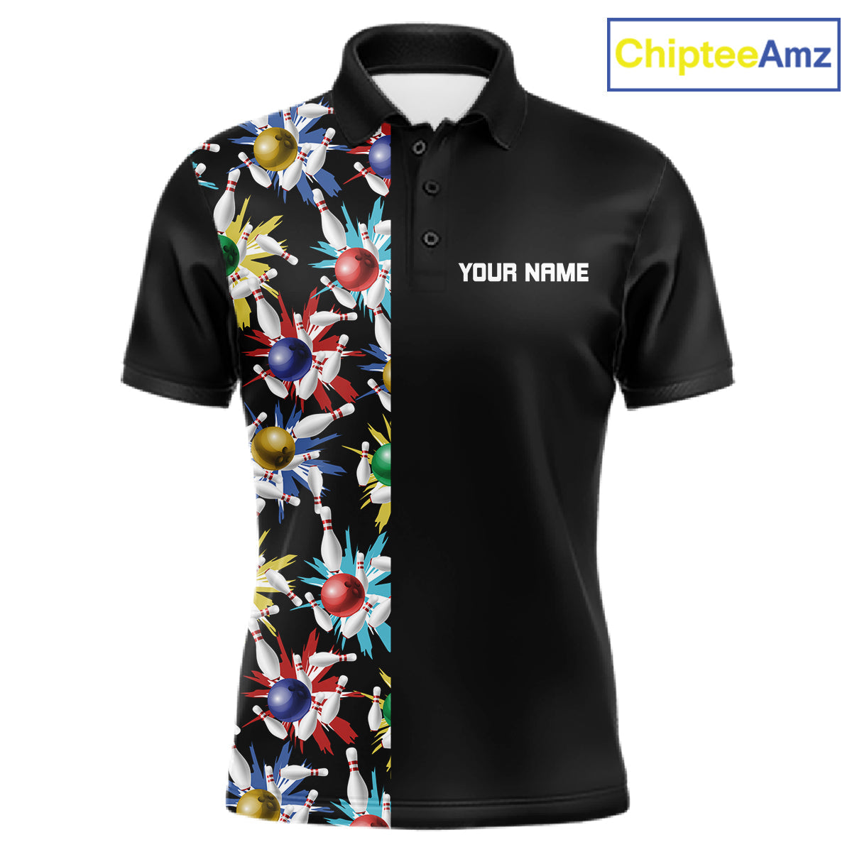 Colorful Bowling Polo 1/4-Zip Shirt Custom Red Bowling Ball And Pins Jersey Bowling Shirt