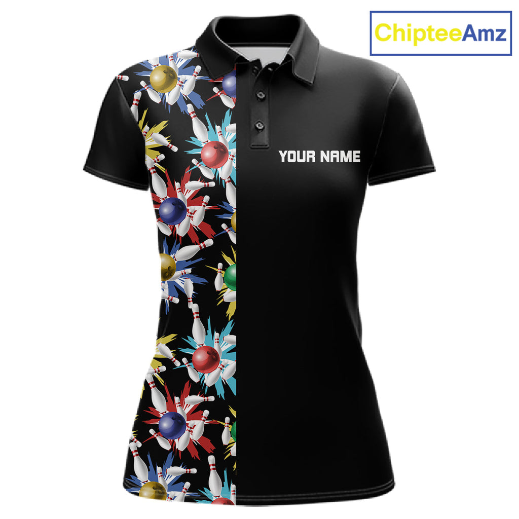 Colorful Bowling Polo 1/4-Zip Shirt Custom Red Bowling Ball And Pins Jersey Bowling Shirt