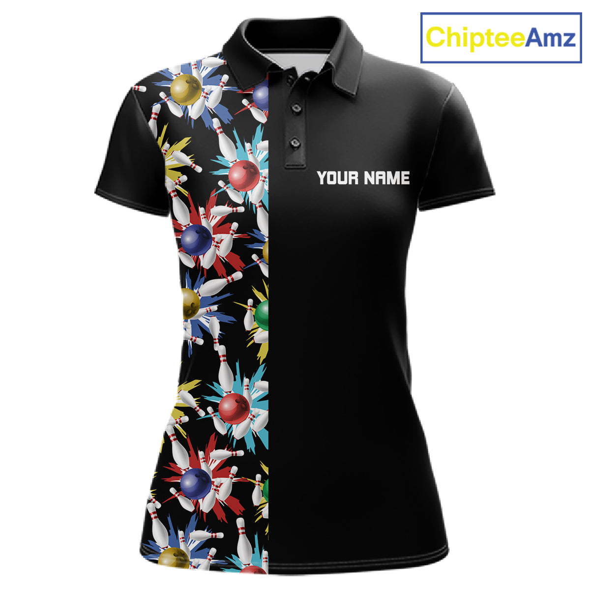 Colorful Bowling Polo 1/4-Zip Shirt Custom Red Bowling Ball And Pins Jersey Bowling Shirt