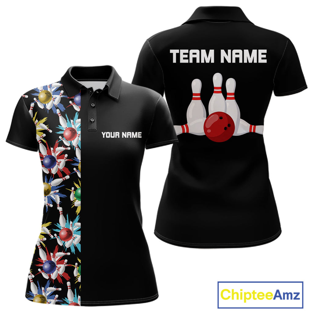 Colorful Bowling Polo 1/4-Zip Shirt Custom Red Bowling Ball And Pins Jersey Bowling Shirt