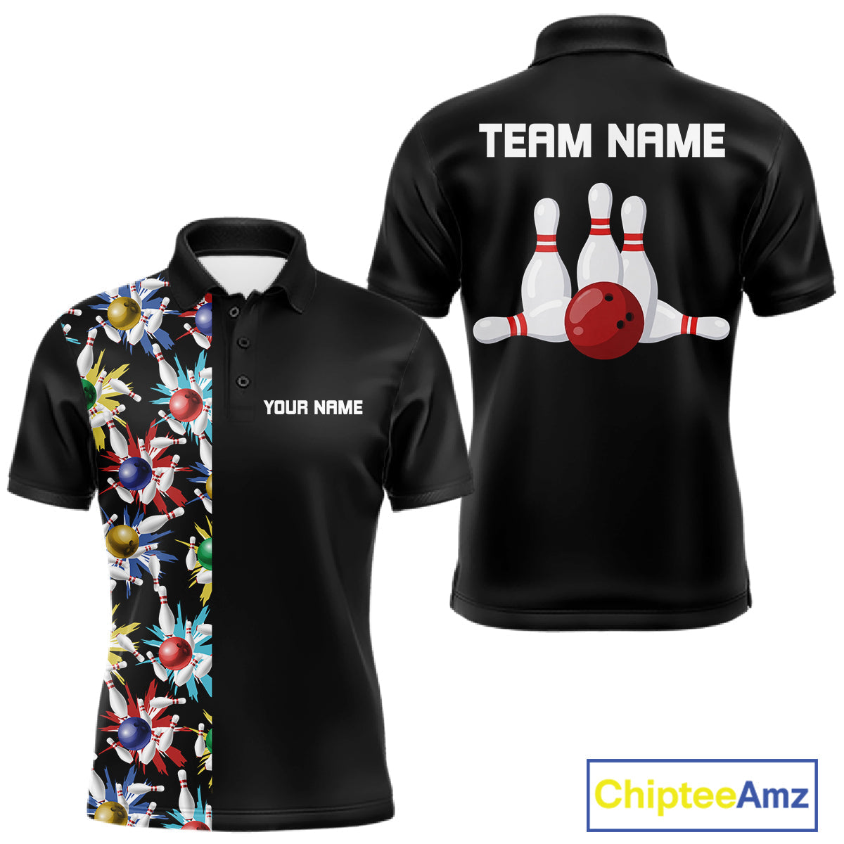 Colorful Bowling Polo 1/4-Zip Shirt Custom Red Bowling Ball And Pins Jersey Bowling Shirt