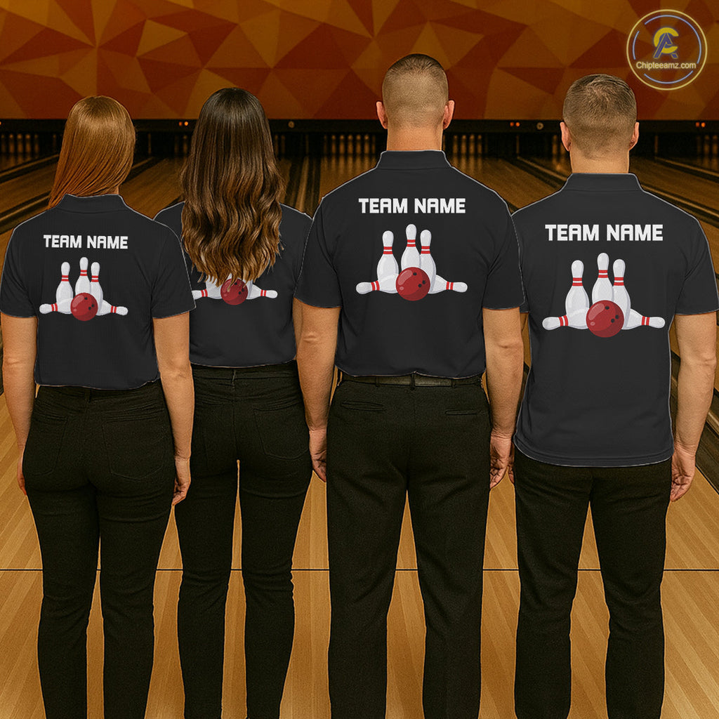 Colorful Bowling Polo 1/4-Zip Shirt Custom Red Bowling Ball And Pins Jersey Bowling Shirt
