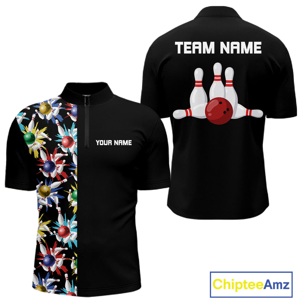 Colorful Bowling Polo 1/4-Zip Shirt Custom Red Bowling Ball And Pins Jersey Bowling Shirt