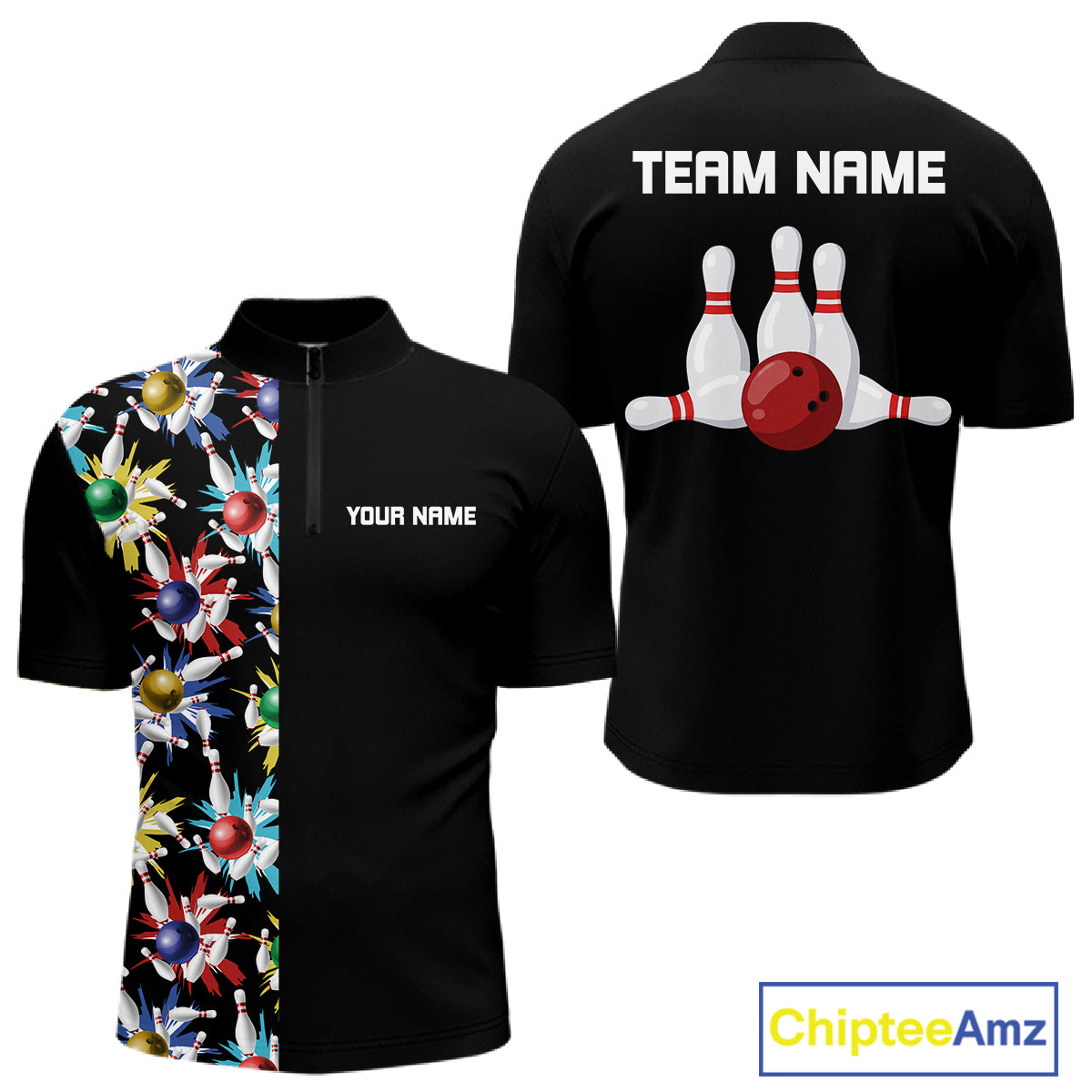 Colorful Bowling Polo 1/4-Zip Shirt Custom Red Bowling Ball And Pins Jersey Bowling Shirt