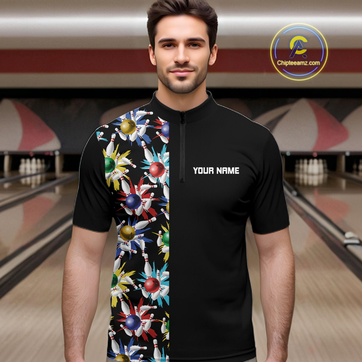 Colorful Bowling Polo 1/4-Zip Shirt Custom Red Bowling Ball And Pins Jersey Bowling Shirt