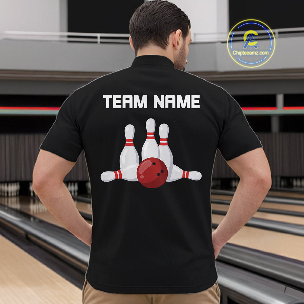 Colorful Bowling Polo 1/4-Zip Shirt Custom Red Bowling Ball And Pins Jersey Bowling Shirt