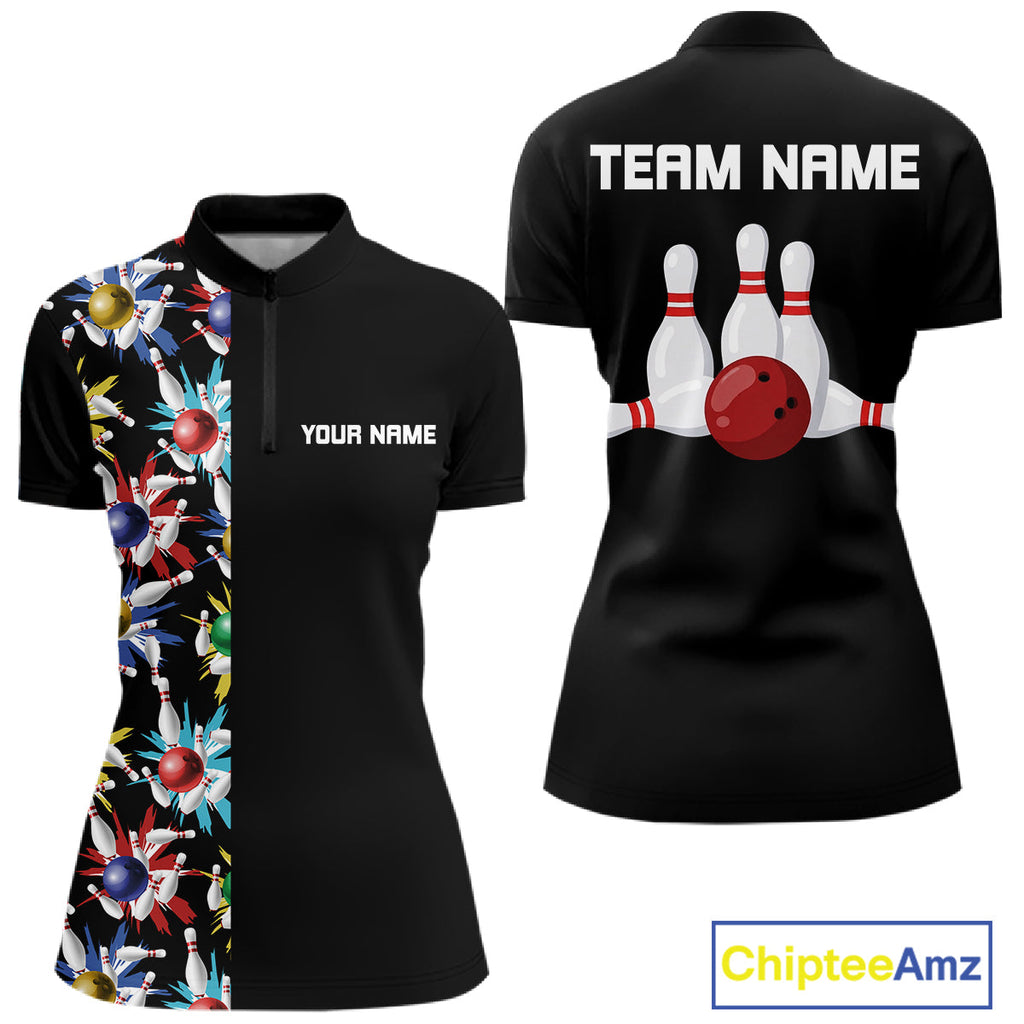 Colorful Bowling Polo 1/4-Zip Shirt Custom Red Bowling Ball And Pins Jersey Bowling Shirt