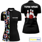 Colorful Bowling Polo 1/4-Zip Shirt Custom Red Bowling Ball And Pins Jersey Bowling Shirt