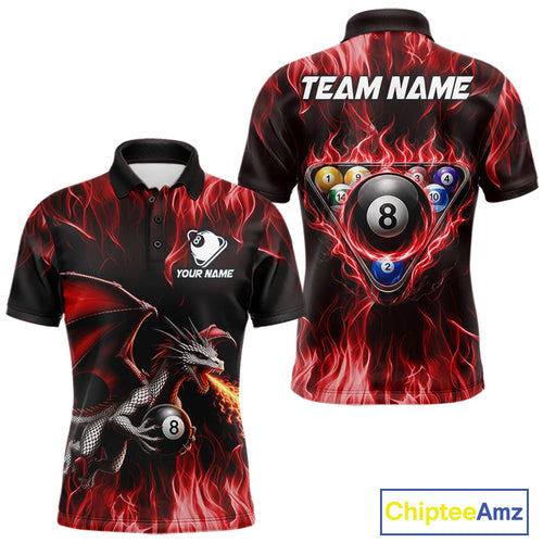 Custom Red Flaming Dragon 8 Ball Billiard Polo Shirts, Dragon Billiard Pool Team Shirt