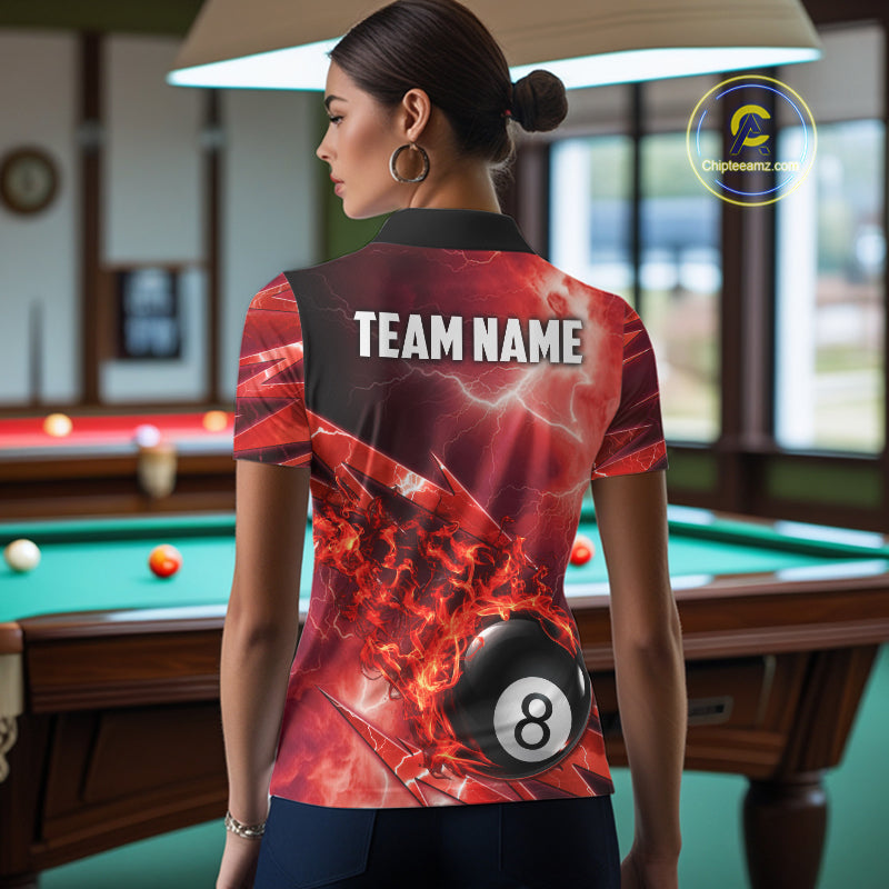 Personalized Red Lightning Billiards Polo 1/4-Zip Shirt Fire Flame 8 Ball Pool Team Jersey
