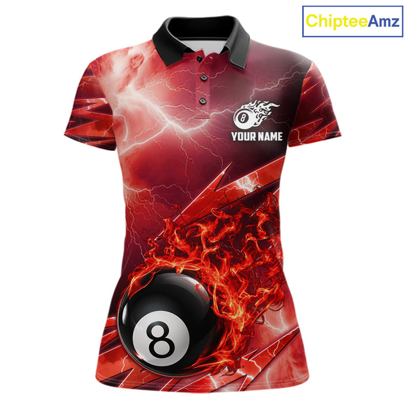 Personalized Red Lightning Billiards Polo 1/4-Zip Shirt Fire Flame 8 Ball Pool Team Jersey