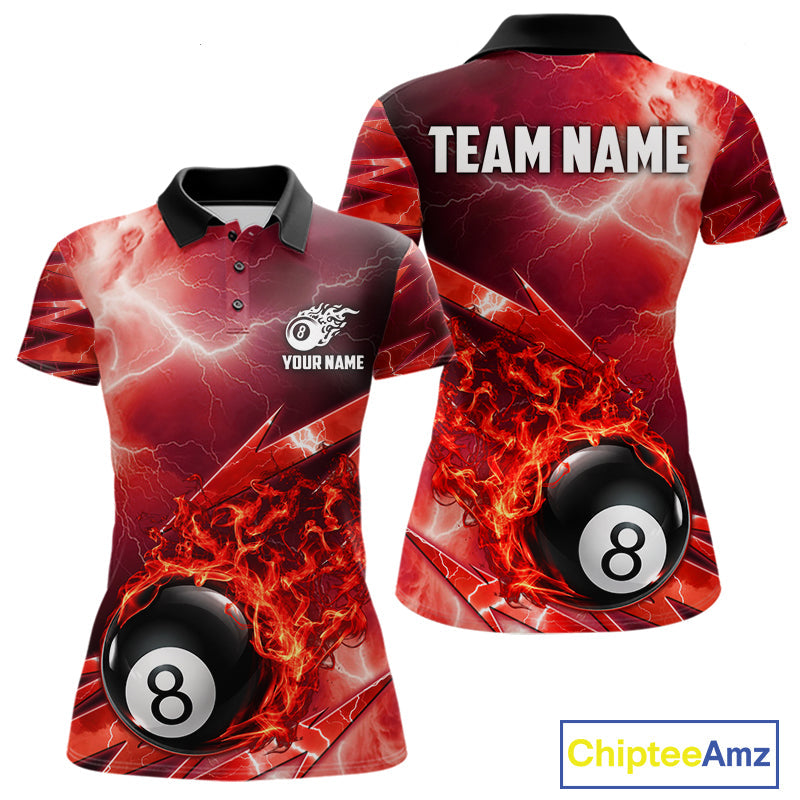 Personalized Red Lightning Billiards Polo 1/4-Zip Shirt Fire Flame 8 Ball Pool Team Jersey