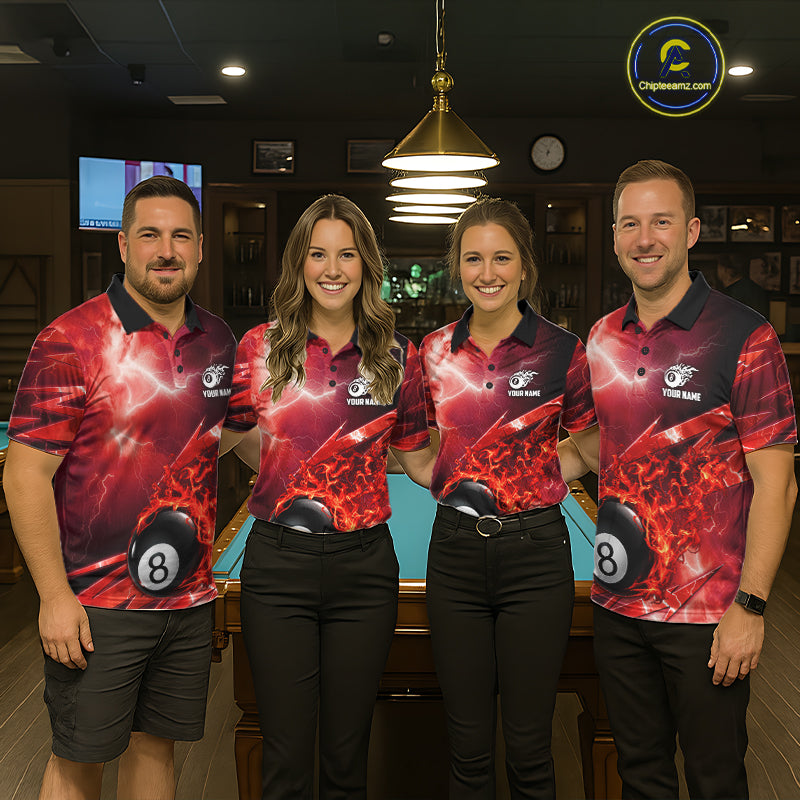 Personalized Red Lightning Billiards Polo 1/4-Zip Shirt Fire Flame 8 Ball Pool Team Jersey