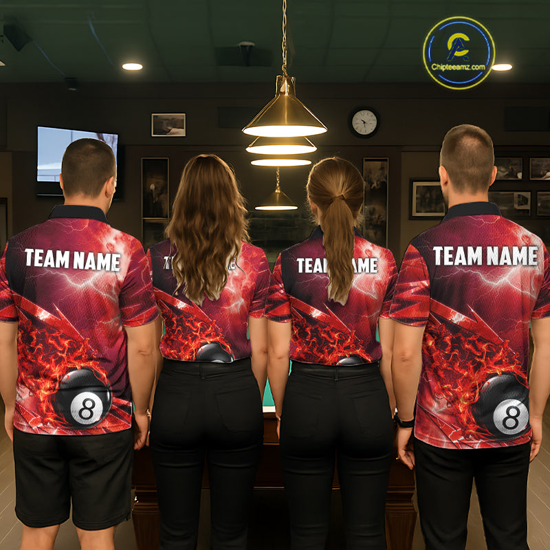 Personalized Red Lightning Billiards Polo 1/4-Zip Shirt Fire Flame 8 Ball Pool Team Jersey