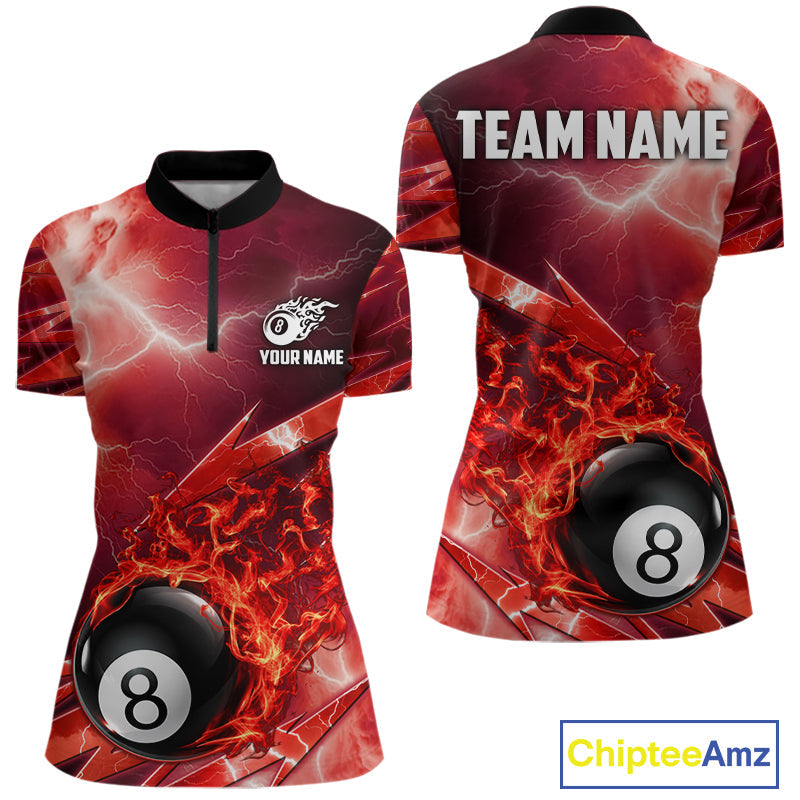 Personalized Red Lightning Billiards Polo 1/4-Zip Shirt Fire Flame 8 Ball Pool Team Jersey