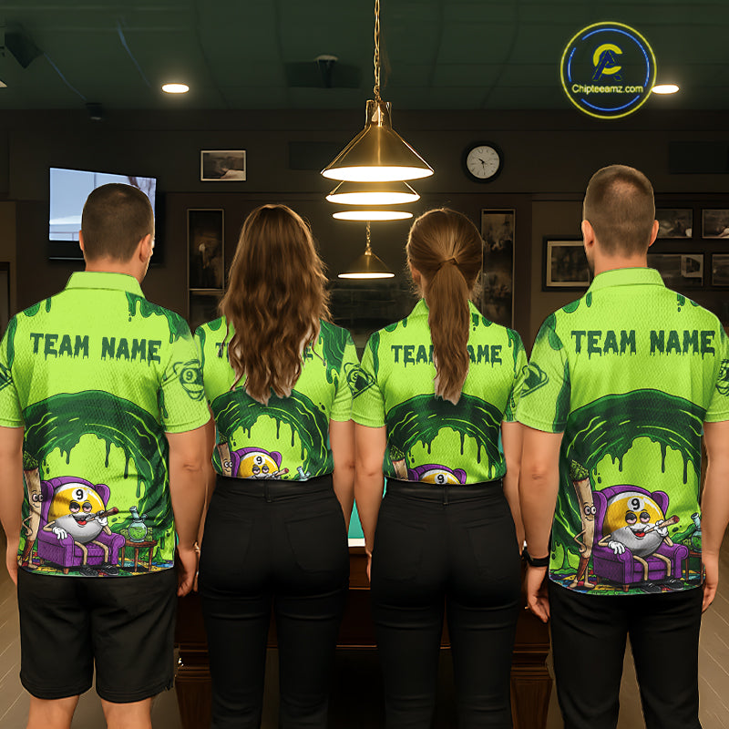 Green Dripping Funny Smoking 9-Ball Billiard Pool Shirt Custom Billiard Team Jerseys