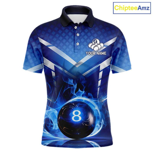 Personalized Blue & Silver Billiard 3D Shirts Ball 8 Flame Billiard Jerseys For Gifts