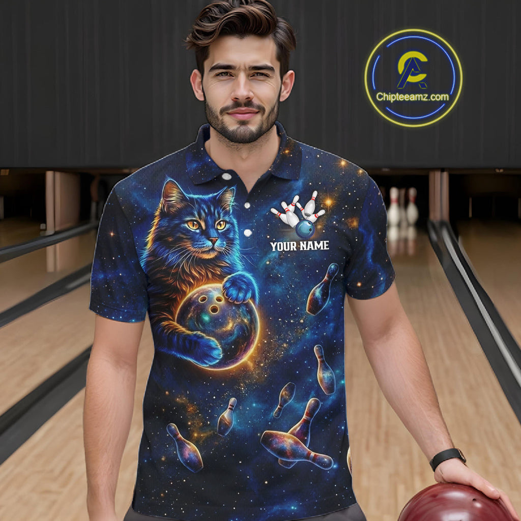 Custom Galaxy Blue Funny Cat Bowling Team Shirt Bowling Jersey Polo & 1/4 Zip Bowling Unisex