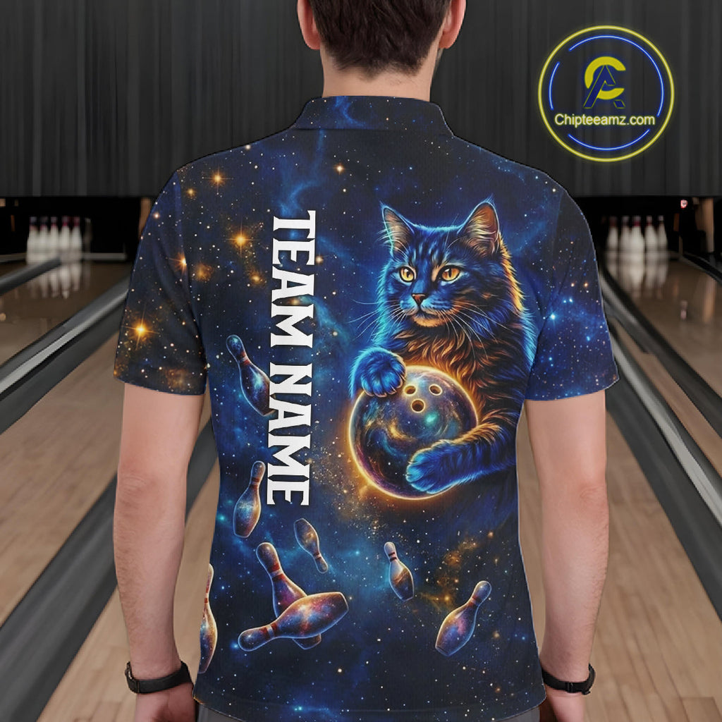 Custom Galaxy Blue Funny Cat Bowling Team Shirt Bowling Jersey Polo & 1/4 Zip Bowling Unisex