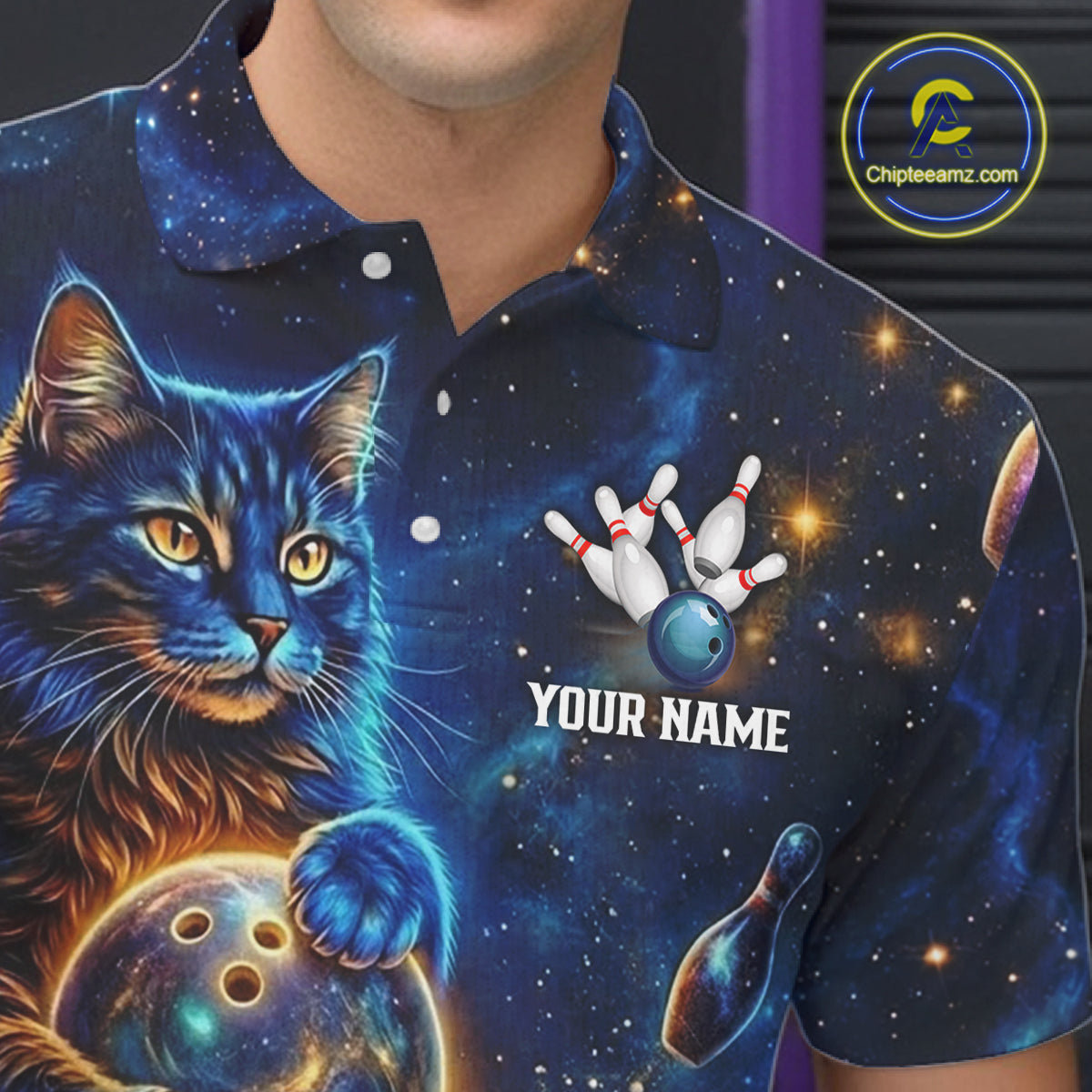 Custom Galaxy Blue Funny Cat Bowling Team Shirt Bowling Jersey Polo & 1/4 Zip Bowling Unisex
