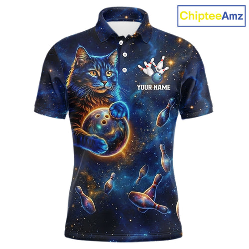 Custom Galaxy Blue Funny Cat Bowling Team Shirt Bowling Jersey Polo & 1/4 Zip Bowling Unisex