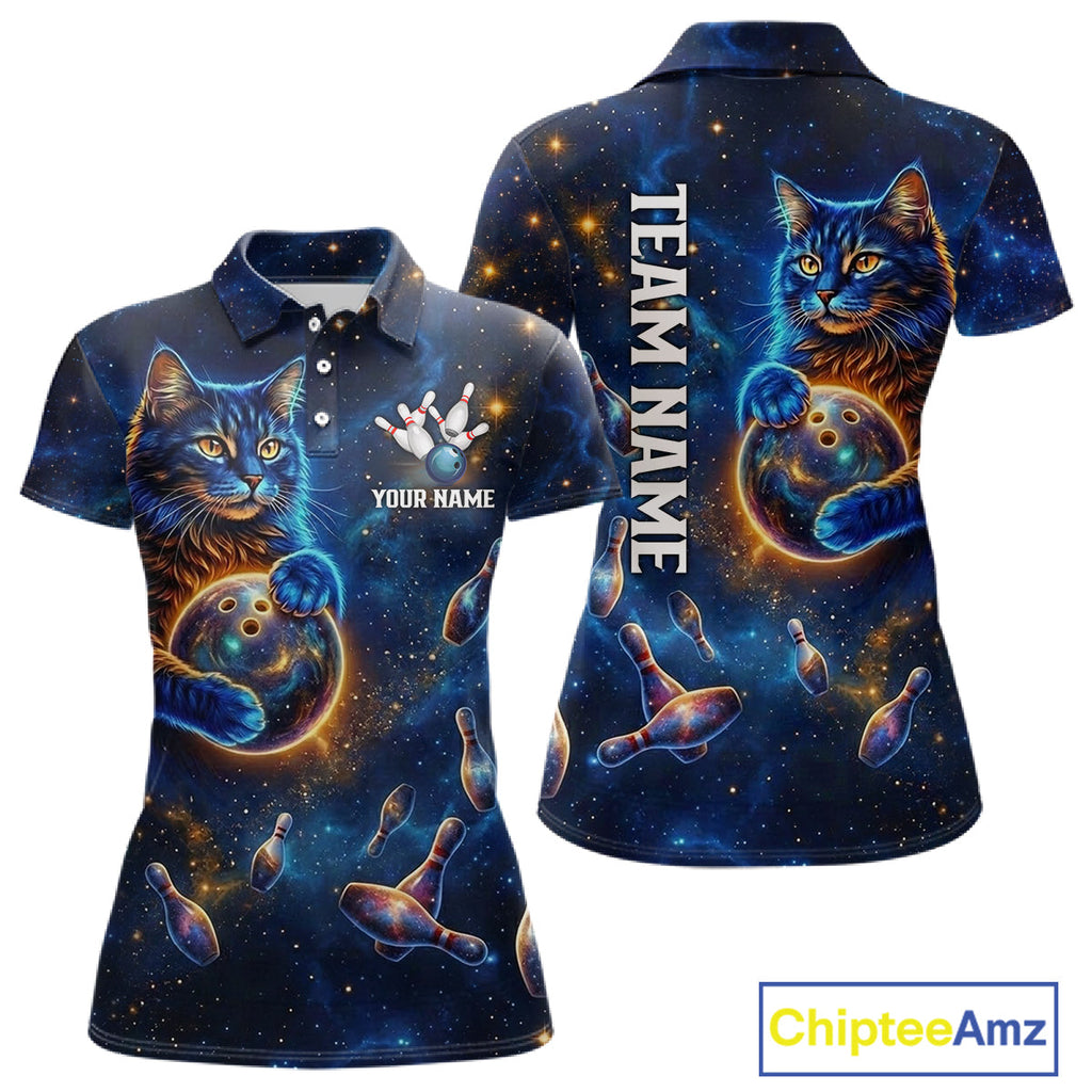 Custom Galaxy Blue Funny Cat Bowling Team Shirt Bowling Jersey Polo & 1/4 Zip Bowling Unisex