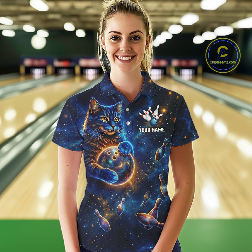 Custom Galaxy Blue Funny Cat Bowling Team Shirt Bowling Jersey Polo & 1/4 Zip Bowling Unisex