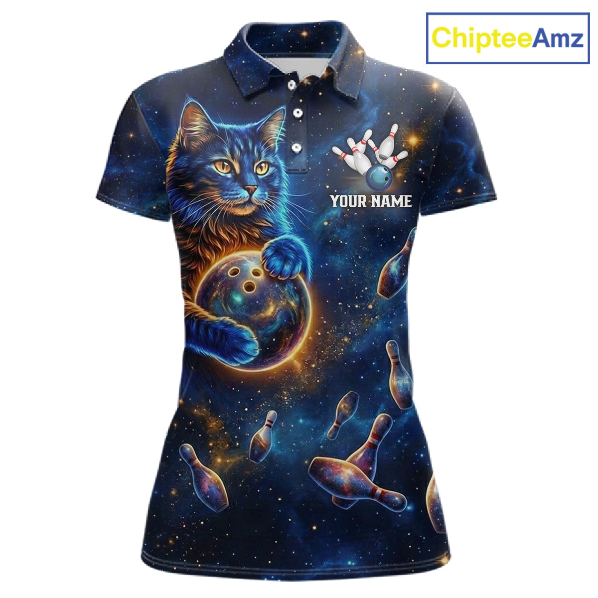 Custom Galaxy Blue Funny Cat Bowling Team Shirt Bowling Jersey Polo & 1/4 Zip Bowling Unisex