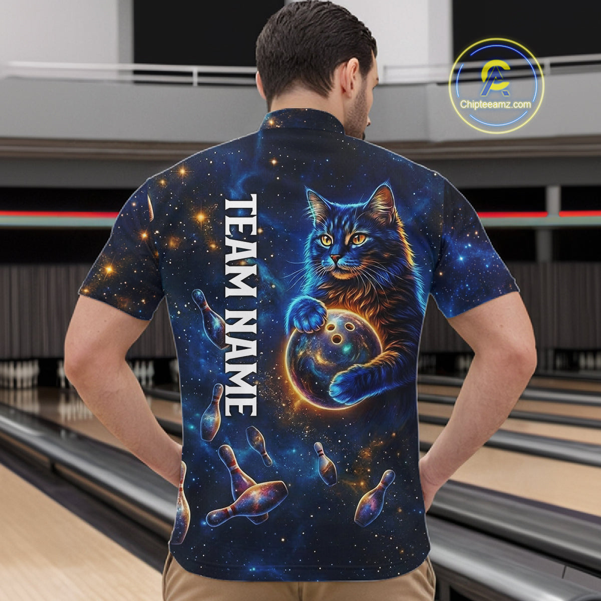 Custom Galaxy Blue Funny Cat Bowling Team Shirt Bowling Jersey Polo & 1/4 Zip Bowling Unisex