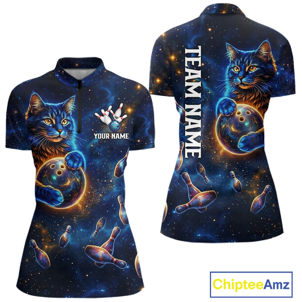 Custom Galaxy Blue Funny Cat Bowling Team Shirt Bowling Jersey Polo & 1/4 Zip Bowling Unisex