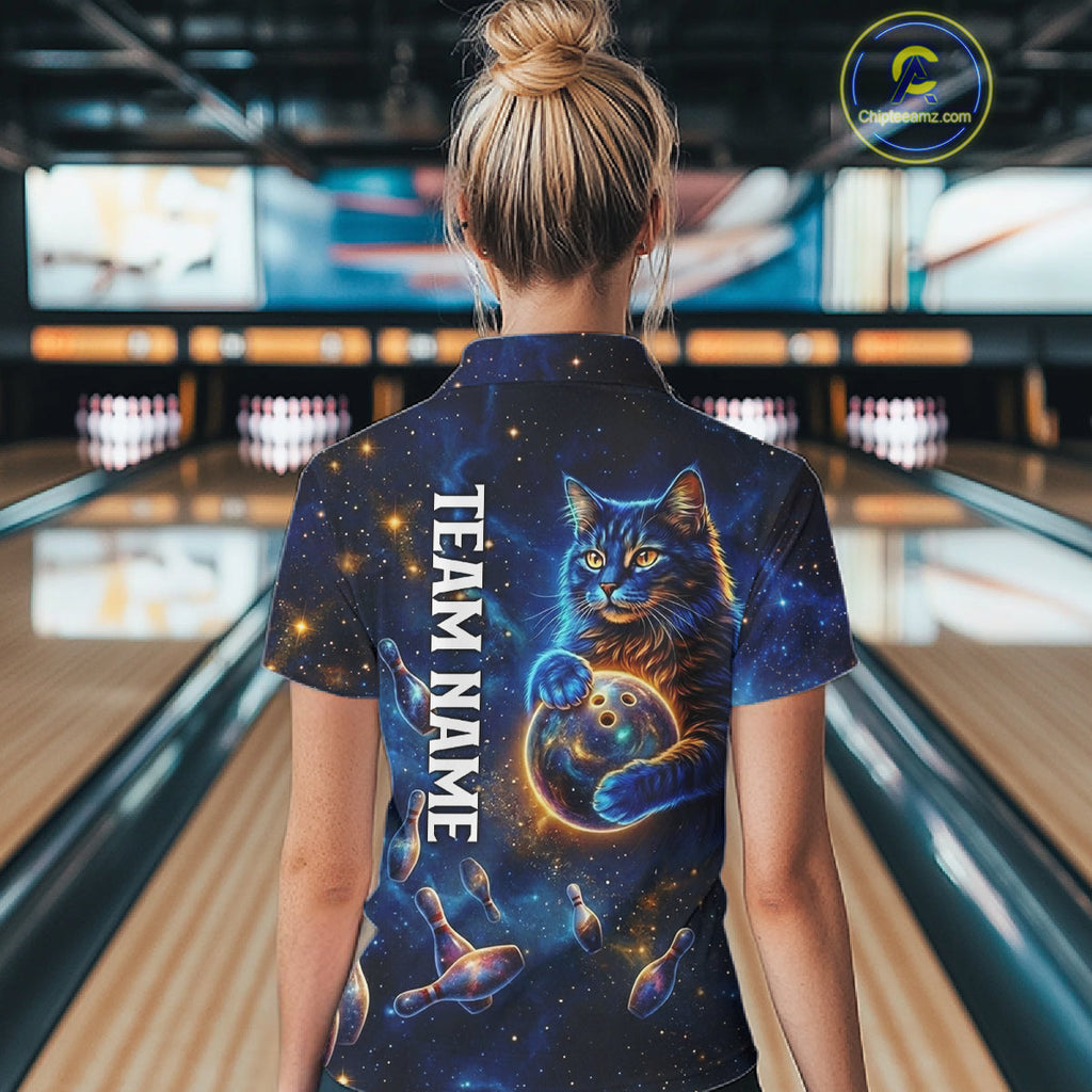 Custom Galaxy Blue Funny Cat Bowling Team Shirt Bowling Jersey Polo & 1/4 Zip Bowling Unisex