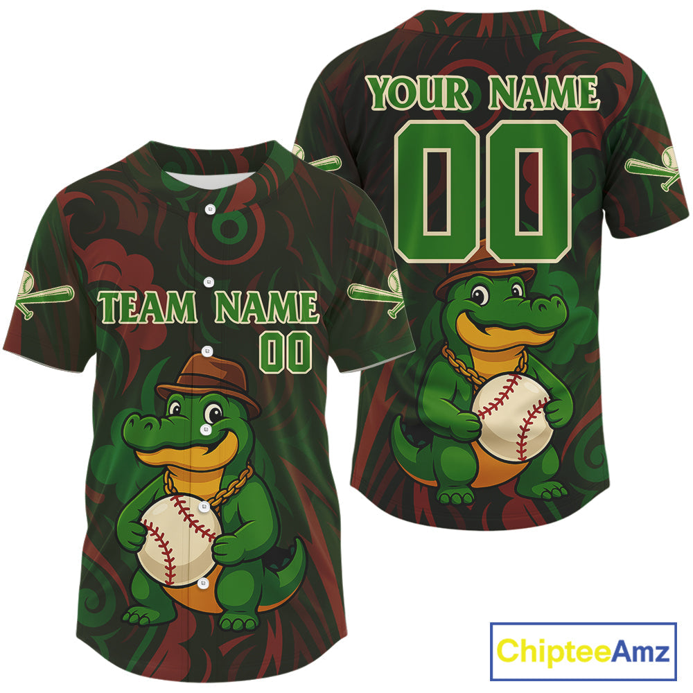 Custom Red And Green Crocodile Funny Baseball Shirt Baseball Tournament Jerseys