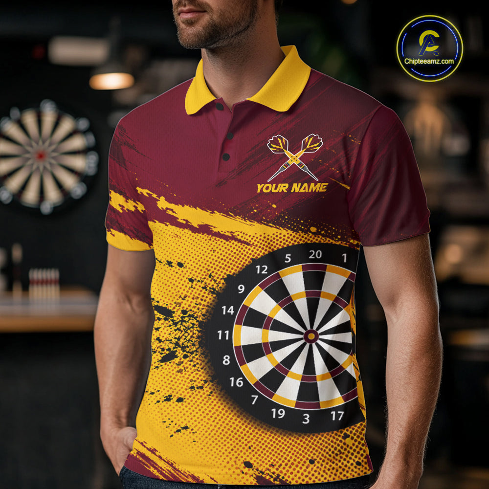 Tiger Splatter Darts Polo 1/4 Zip Shirt Custom Maroon & Yellow Darts Jersey Darts Team Gift