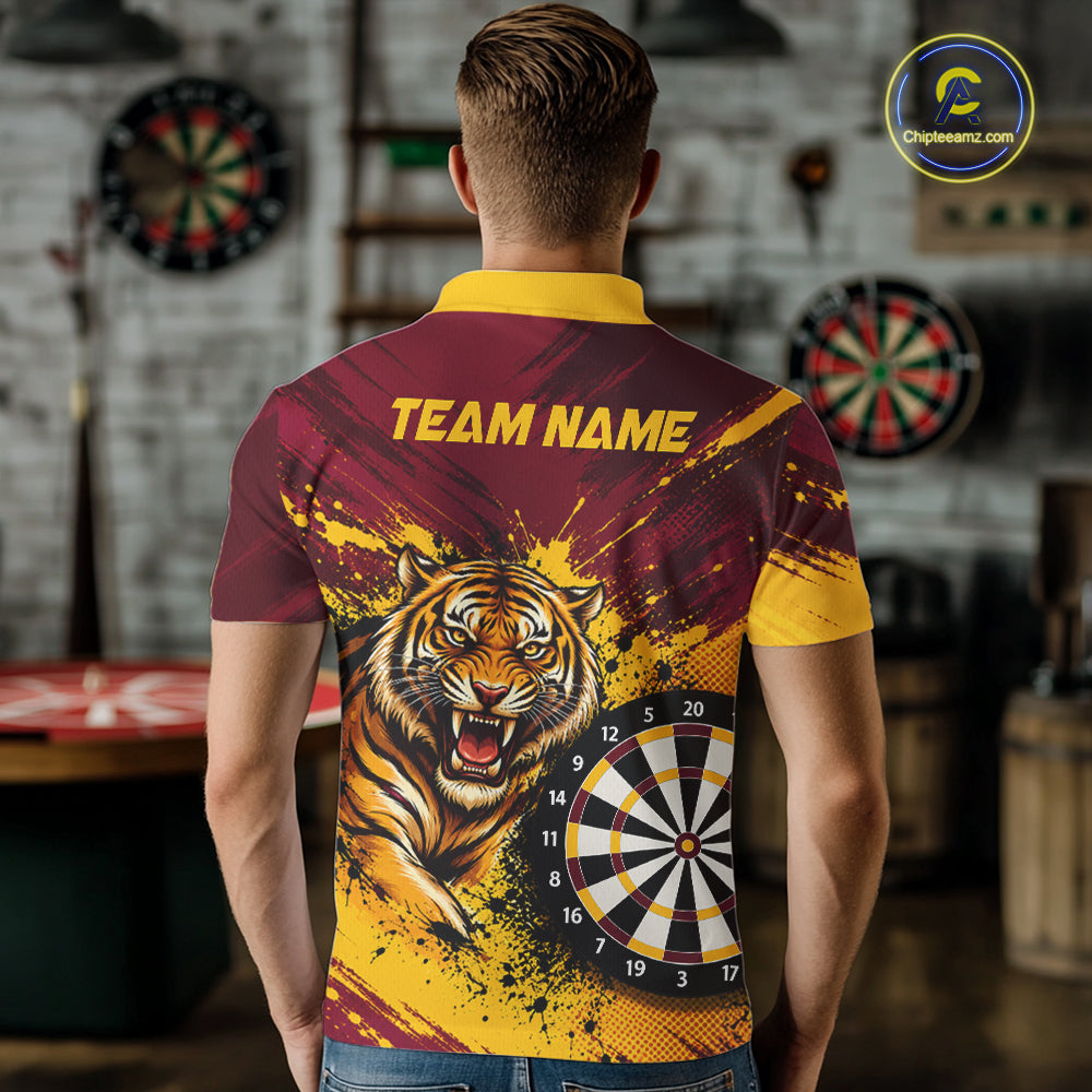 Tiger Splatter Darts Polo 1/4 Zip Shirt Custom Maroon & Yellow Darts Jersey Darts Team Gift