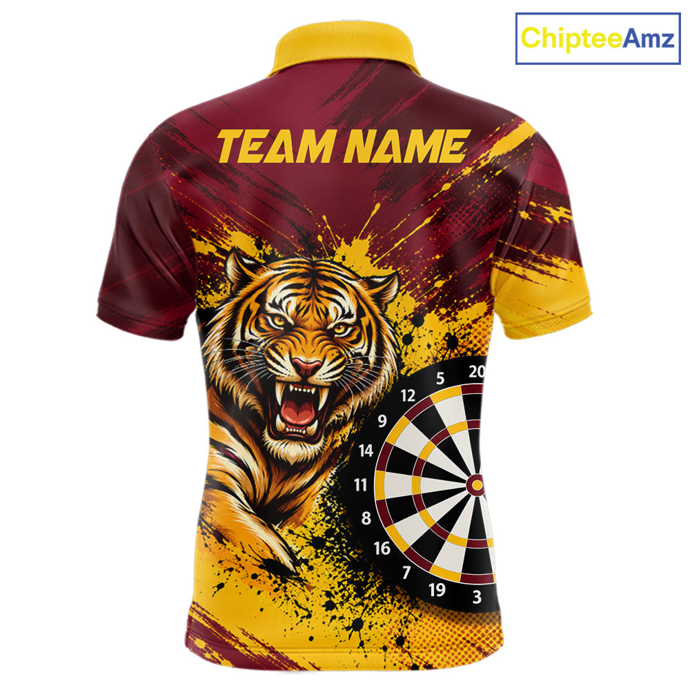 Tiger Splatter Darts Polo 1/4 Zip Shirt Custom Maroon & Yellow Darts Jersey Darts Team Gift