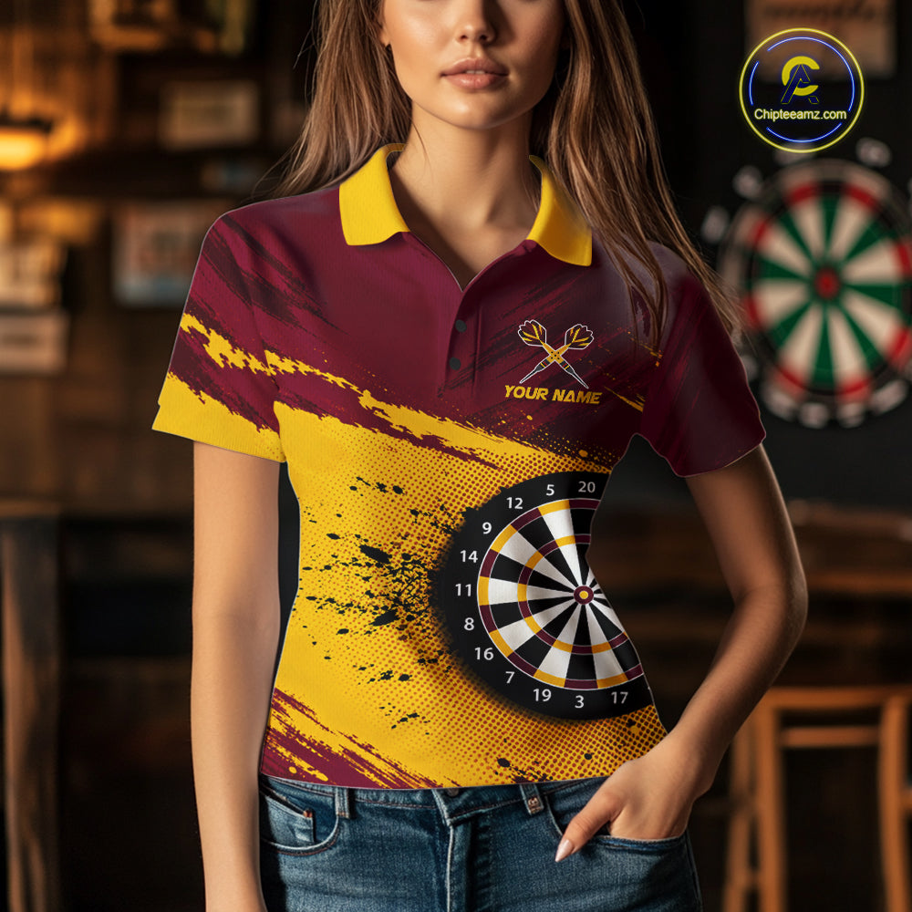 Tiger Splatter Darts Polo 1/4 Zip Shirt Custom Maroon & Yellow Darts Jersey Darts Team Gift