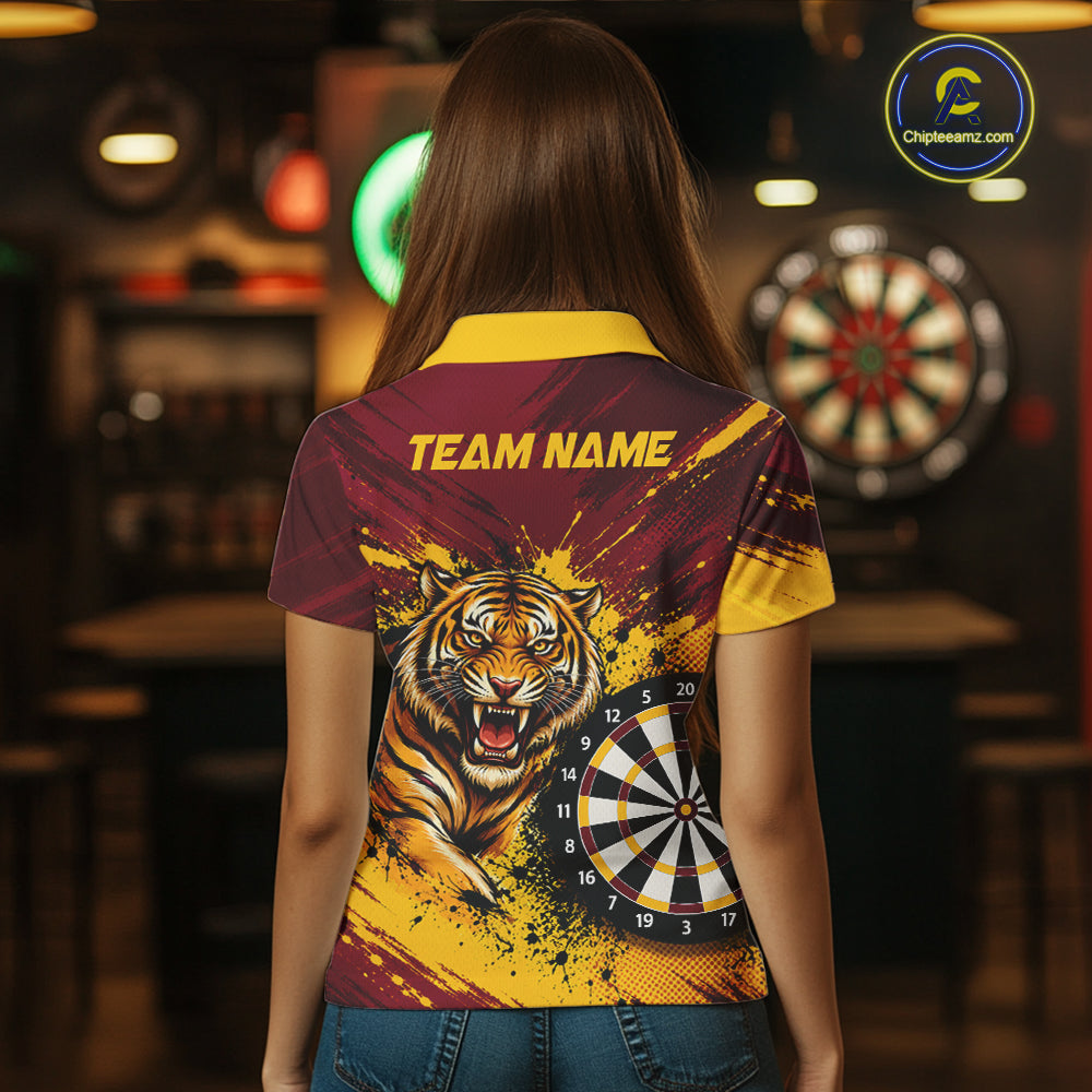 Tiger Splatter Darts Polo 1/4 Zip Shirt Custom Maroon & Yellow Darts Jersey Darts Team Gift