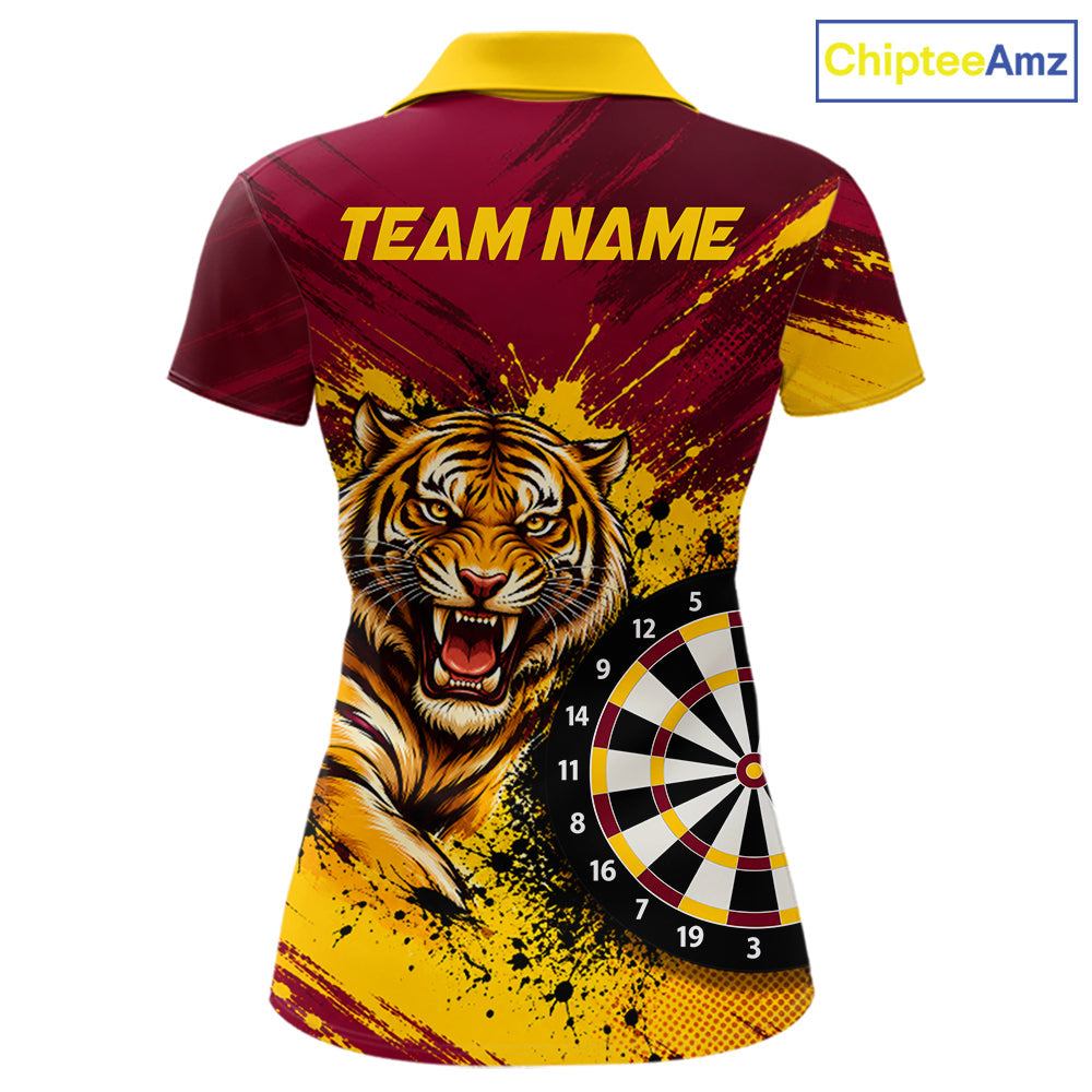 Tiger Splatter Darts Polo 1/4 Zip Shirt Custom Maroon & Yellow Darts Jersey Darts Team Gift