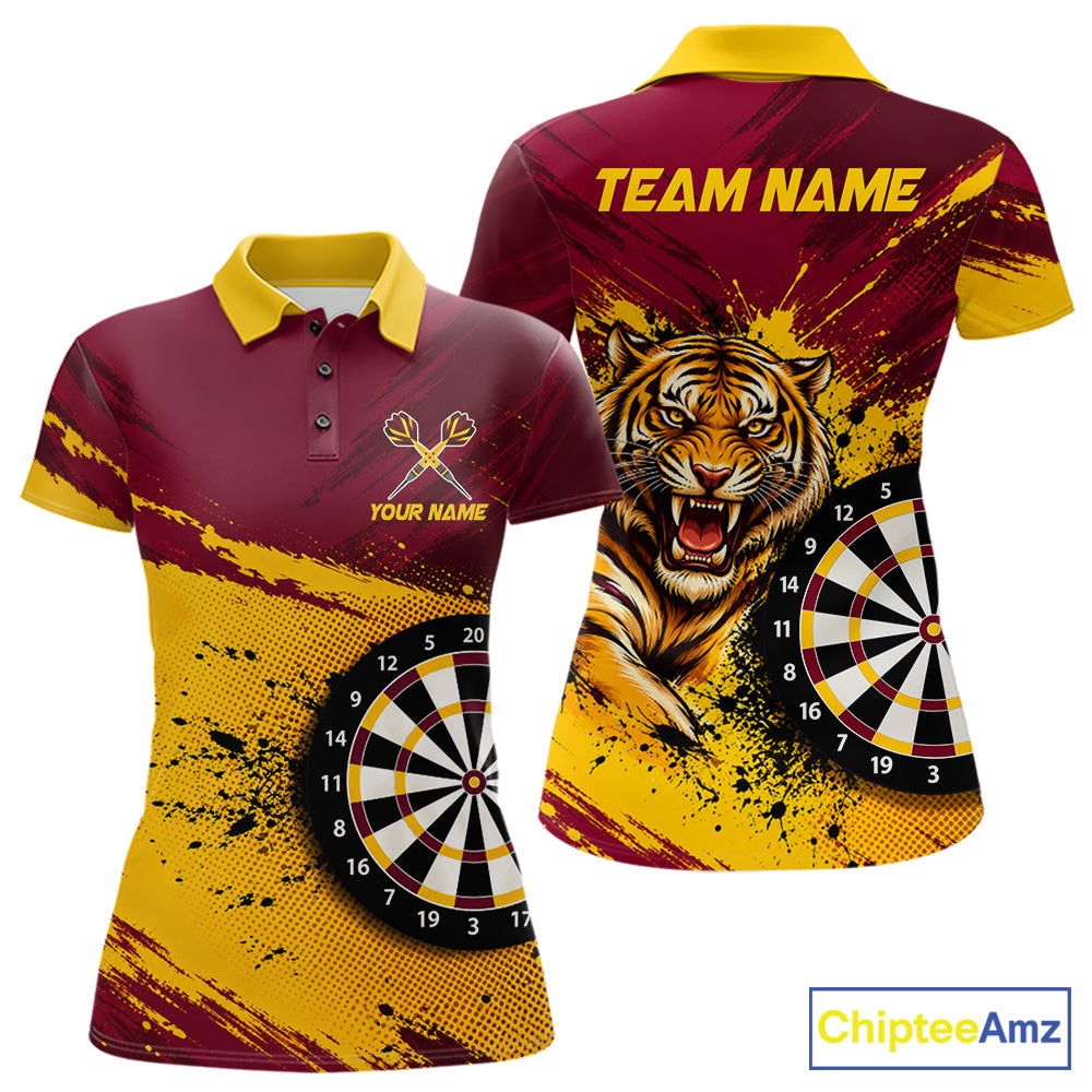 Tiger Splatter Darts Polo 1/4 Zip Shirt Custom Maroon & Yellow Darts Jersey Darts Team Gift