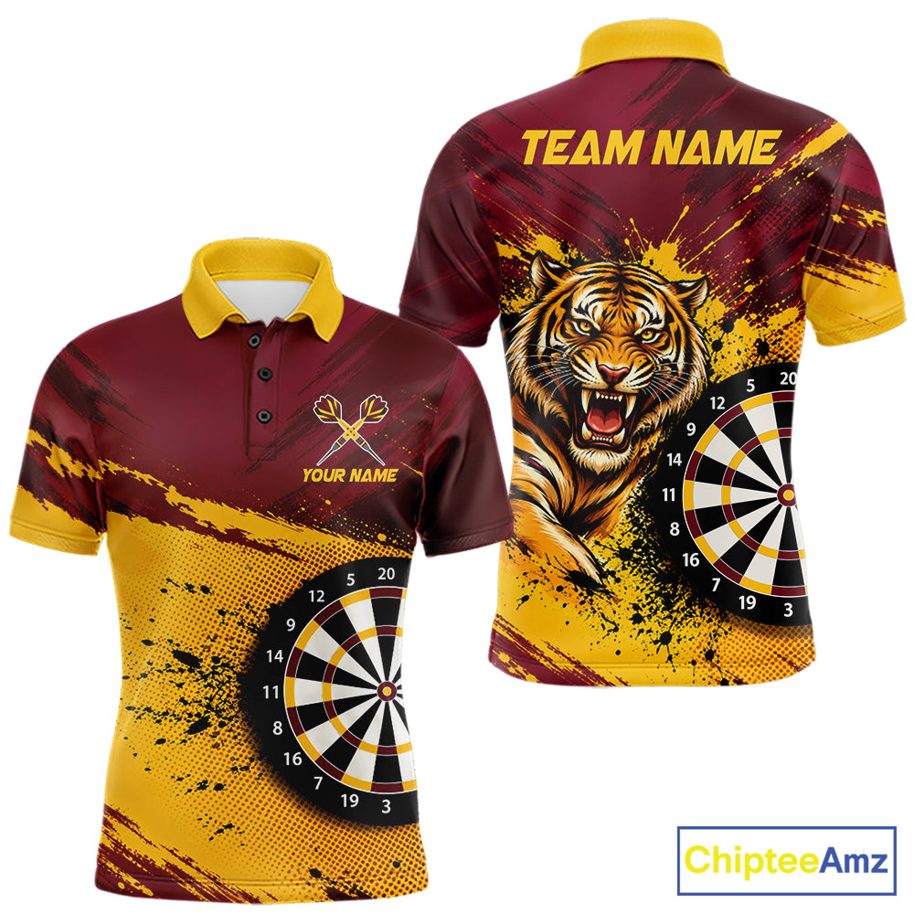 Tiger Splatter Darts Polo 1/4 Zip Shirt Custom Maroon & Yellow Darts Jersey Darts Team Gift