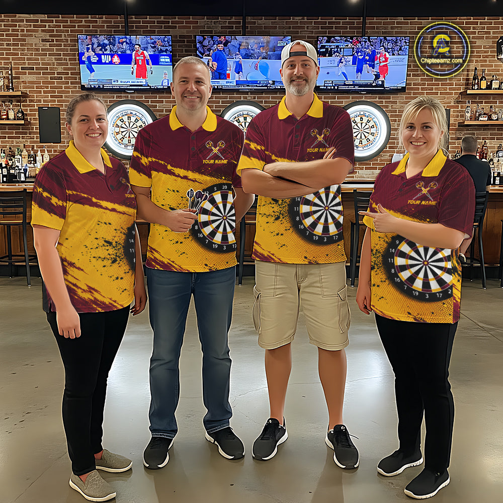 Tiger Splatter Darts Polo 1/4 Zip Shirt Custom Maroon & Yellow Darts Jersey Darts Team Gift