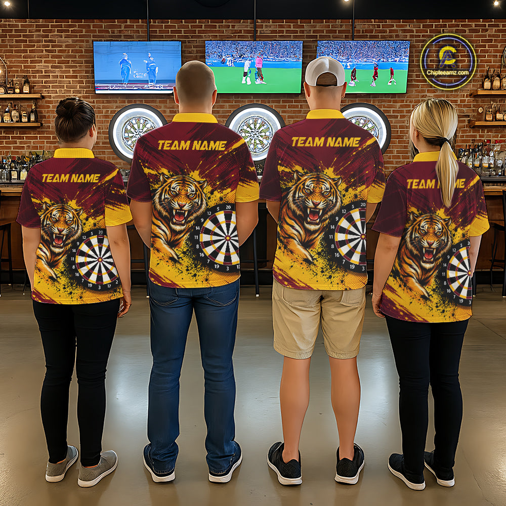 Tiger Splatter Darts Polo 1/4 Zip Shirt Custom Maroon & Yellow Darts Jersey Darts Team Gift