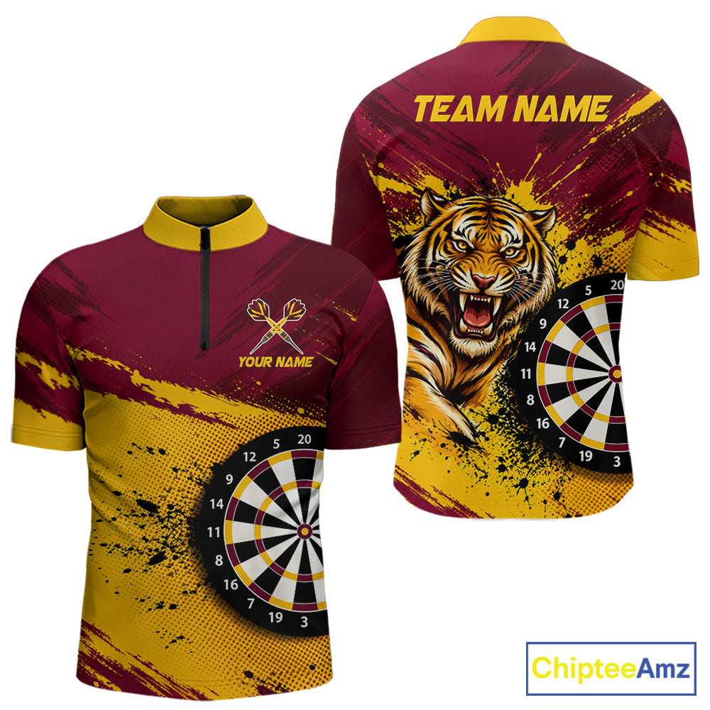 Tiger Splatter Darts Polo 1/4 Zip Shirt Custom Maroon & Yellow Darts Jersey Darts Team Gift