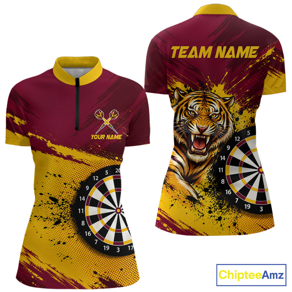 Tiger Splatter Darts Polo 1/4 Zip Shirt Custom Maroon & Yellow Darts Jersey Darts Team Gift